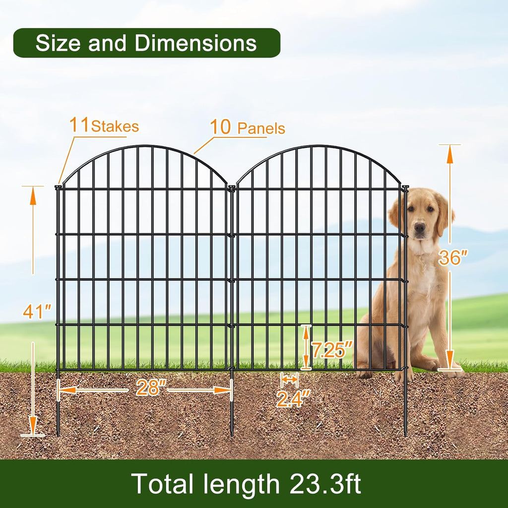 FOREHOGAR Metal Garden Fence 36in (H) x 23.3ft (L), 10 Panels + 11 Stakes Dog Fences Border Fence Animal Barrier, No Dig Garden Fencing for Yard Flower Bed Lawn Patio Outdoor, CTW3610 Black
