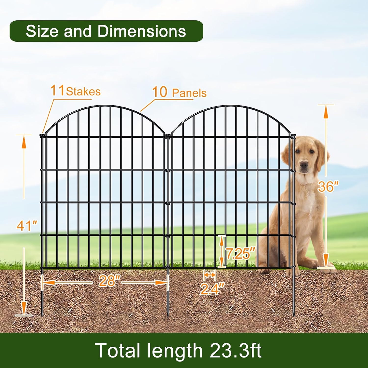 FOREHOGAR Metal Garden Fence 36in (H) x 23.3ft (L), 10 Panels + 11 Stakes Dog Fences Border Fence Animal Barrier, No Dig Garden Fencing for Yard Flower Bed Lawn Patio Outdoor, CTW3610 Black