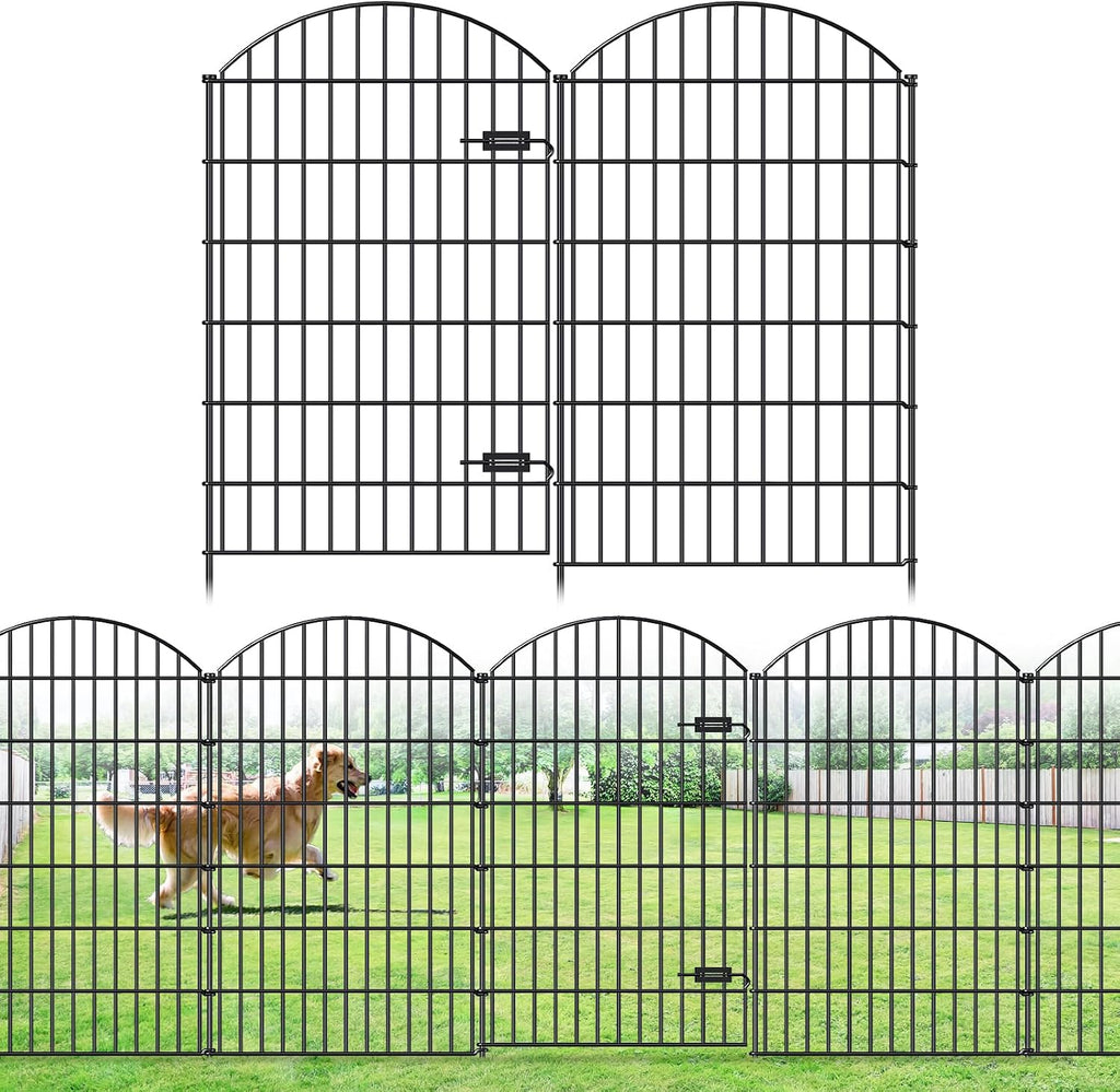 FOREHOGAR Metal Garden Fence with Gate 48in (H) x 20.3ft (L), 1 Gate+ 7 Panels Dog Fences Border Fence Animal Barrier, No Dig Garden Fencing for Yard Flower Bed Lawn Patio Outdoor, ECG4808G, Black
