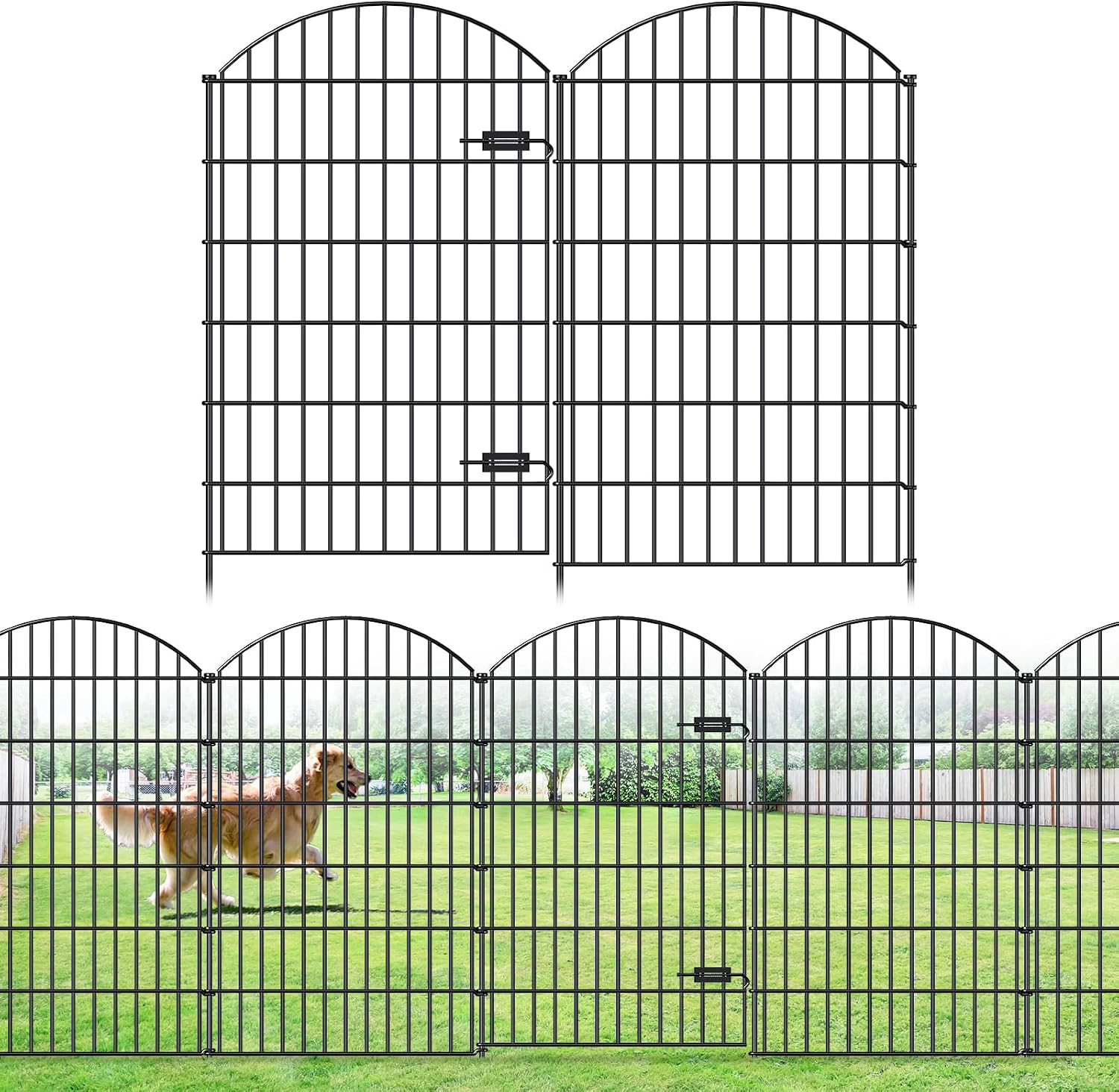 FOREHOGAR Metal Garden Fence with Gate 48in (H) x 20.3ft (L), 1 Gate+ 7 Panels Dog Fences Border Fence Animal Barrier, No Dig Garden Fencing for Yard Flower Bed Lawn Patio Outdoor, ECG4808G, Black