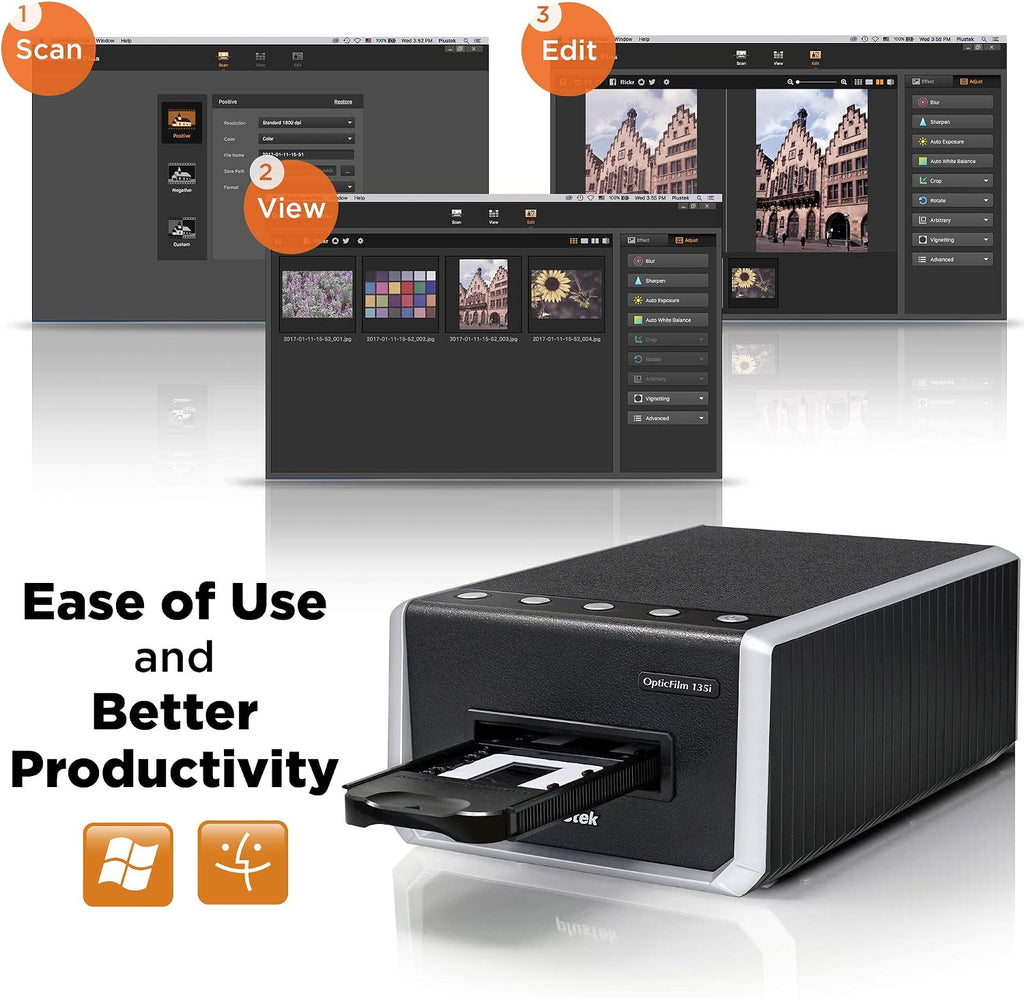 Plustek OpticFilm 135i - Automatic Film & Slide Scanner, Batch converts 35mm Slides & Film Negatives, Support 3rd Party Editing Software Export, Max. 7200 dpi