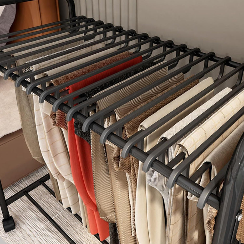 Freestanding Garment Rack with Casters, 3-Tier Trouser Hanger Storage, Movable Clothes Rack for Bedroom, Multifunctional Slacks Organizer, Stylish White Design