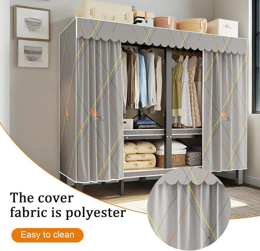 Portable Wardrobe Closet, Heavy Duty Clothing Rack for Hanging Clothes, Metal Clothes Rack with Cover and Hanging Rods, Freestanding Wardrobe Armoire Load 1000 LBS (Zipper style 59 inches/150cm)