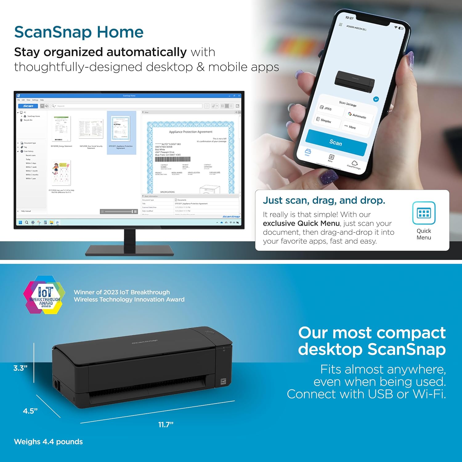 ScanSnap iX1300 Deluxe Compact Wireless or USB Double-Sided Color Document, Photo & Receipt Scanner with Auto Document Feeder and Manual Feeder for Mac or PC