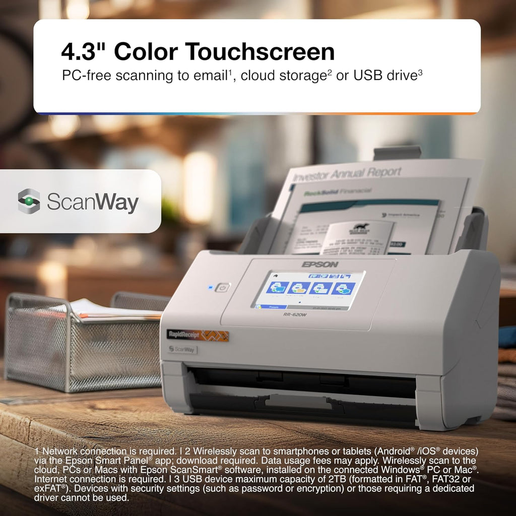 Epson RapidReceipt RR-620W Wireless & USB High-Speed AI & Cloud Ready Desktop Color Duplex Receipt & Document Scanner for Mac & PC, up to 45 ppm, 4.3' Color Touchscreen, 100-Page Auto Document Feeder