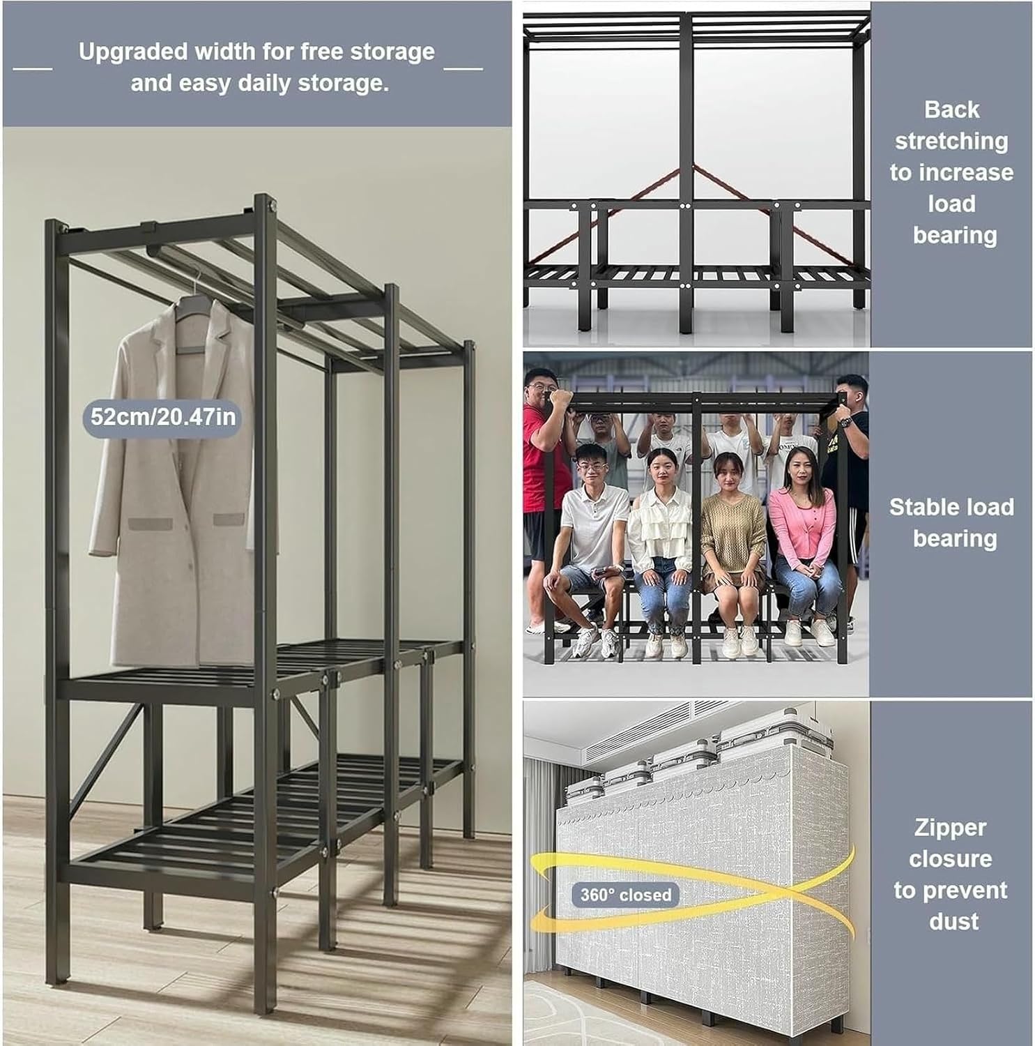 Foldable Portable Wardrobe Closet Heavy Duty Portable Covered Rack with Cover 1200lbs, for Hanging Clothes Coat Storage Garment Racks for Bedroom