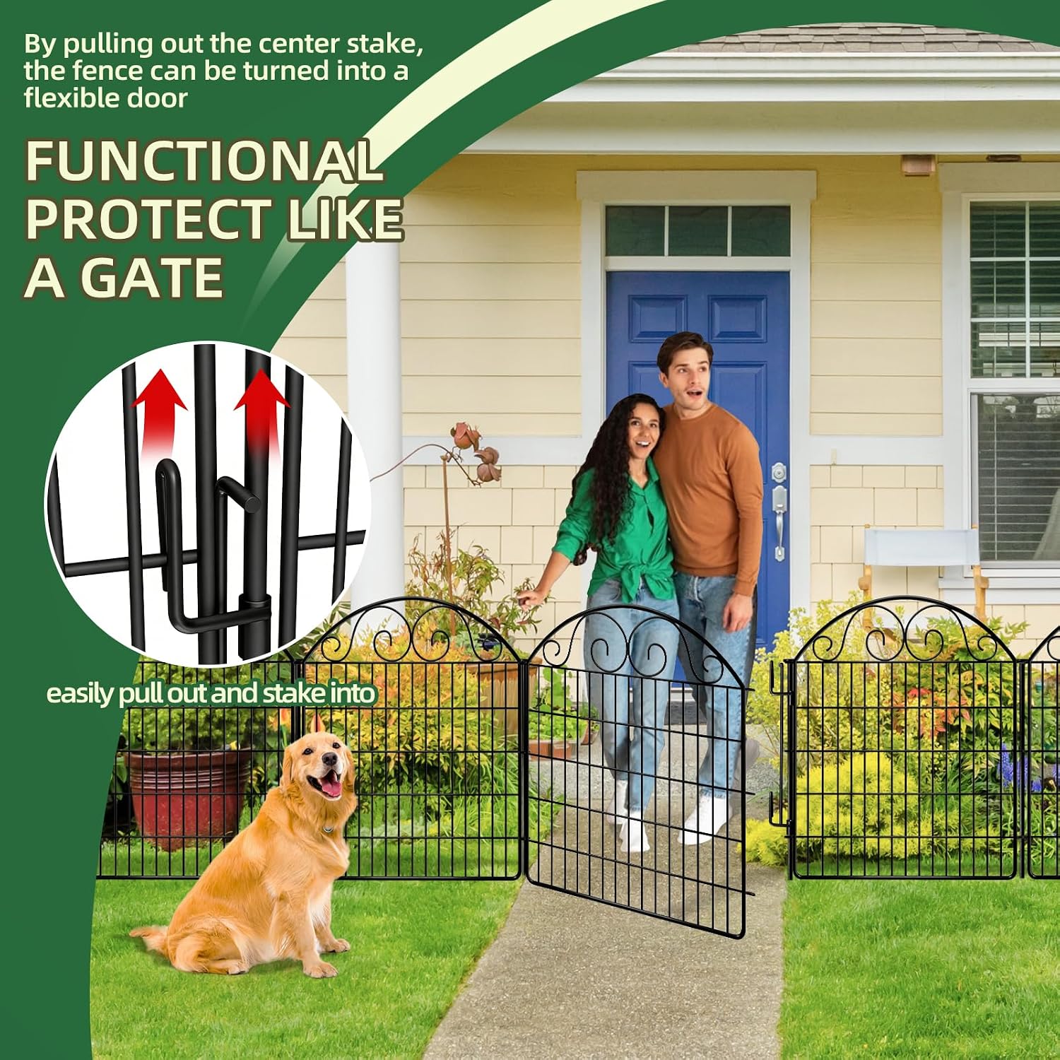 COLRASN 15 Panels No Dig Decorative Garden Dog Fence Outdoor for Yard, 33in(H) x 36.25ft(W) with Latch Tall Animal Barrier Fenceing Panels, Rustproof Ground Stakes Temporary Wire Screen for Patio