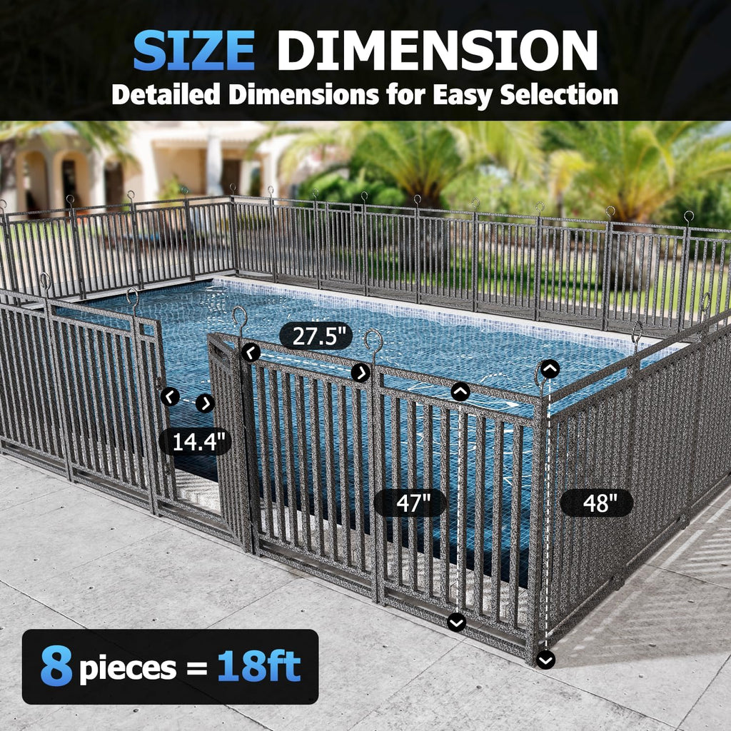 18ft (L) × 47in (H), 7 Panels & 1 Gate Removable Pool Fence, Robust In-Ground Safety Fence for Pools, Pets & Children, Weatherproof Metal Pool Fence with Double-Lock Gate