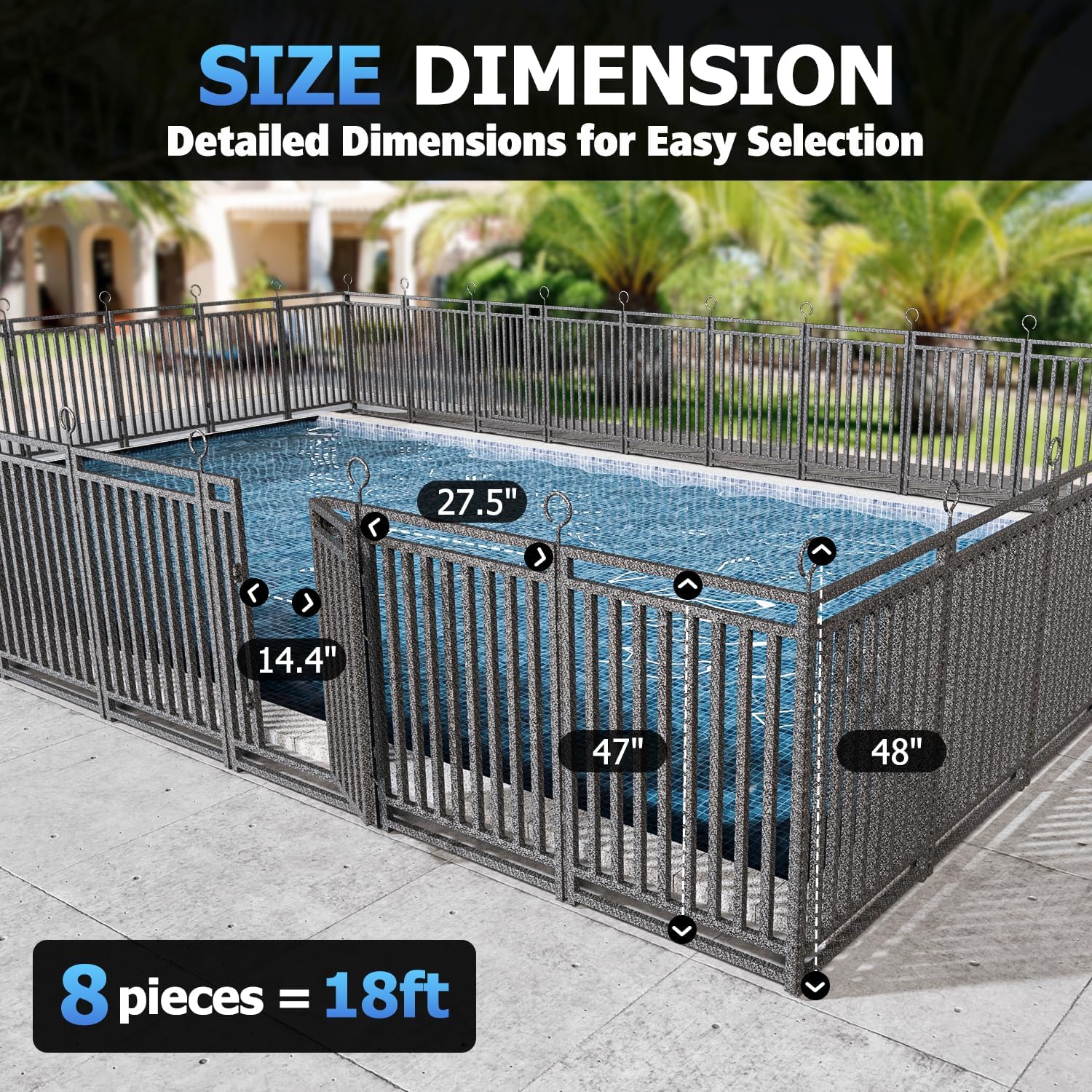 18ft (L) × 47in (H), 7 Panels & 1 Gate Removable Pool Fence, Robust In-Ground Safety Fence for Pools, Pets & Children, Weatherproof Metal Pool Fence with Double-Lock Gate
