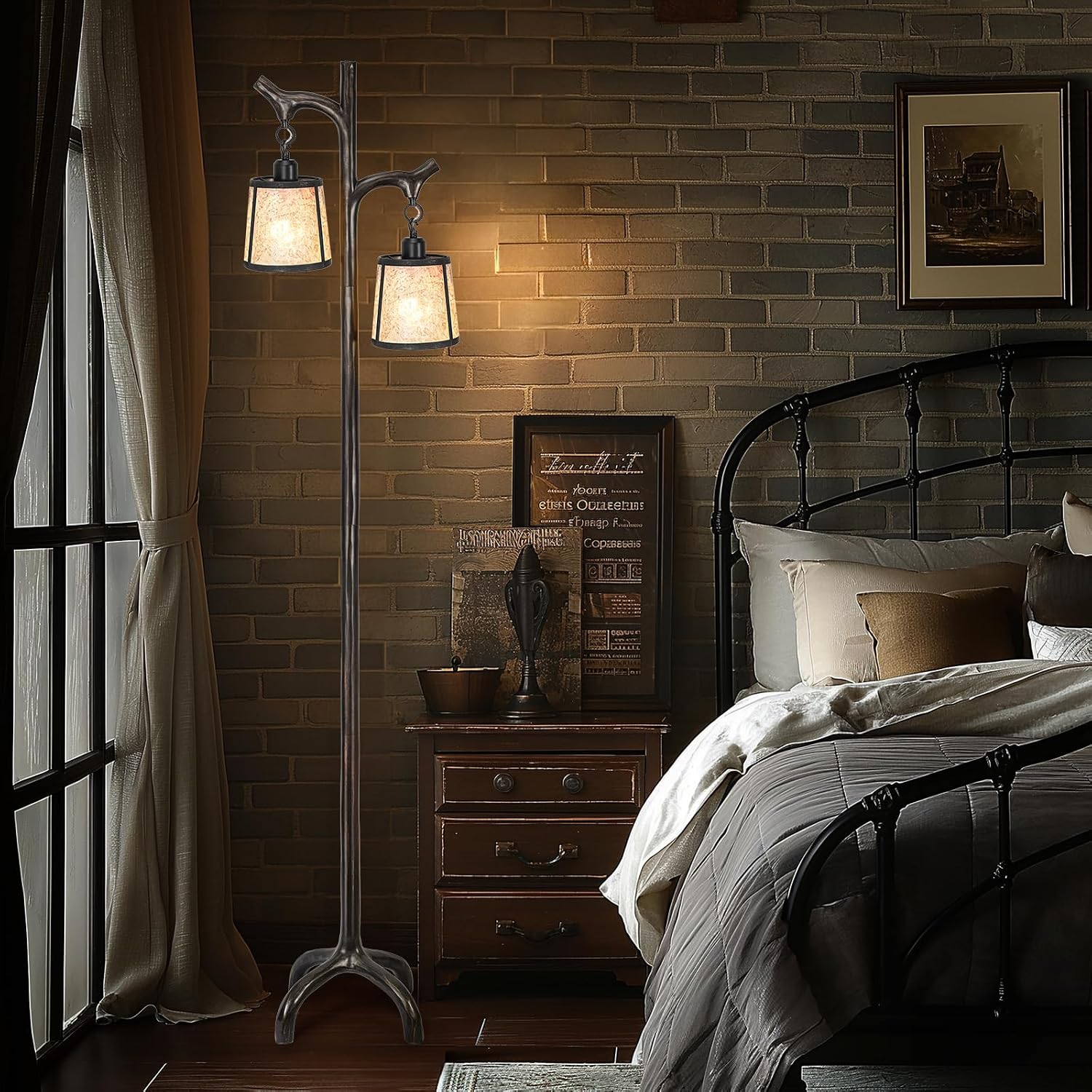 68' Farmhouse Floor Lamp With Mica Shade For Living Room,Modern Industrial Vintage Standing Floor Lamp for Bedroom ,Stepless Dimmable Rustic Tree Trunk Tall Lamp For Office,Living Room (Bulb Included)