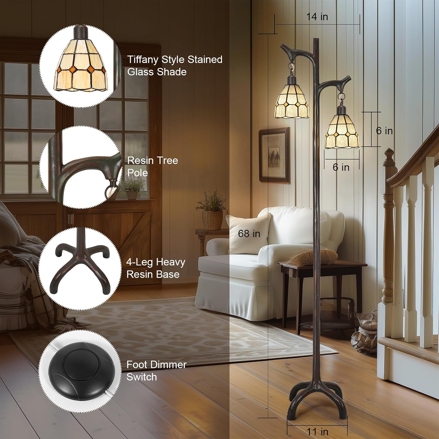 68' Tiffany Style Stained Glass Floor Lamp for Living Room,Modern Industrial Vintage Standing Floor Lamp for Bedroom,Stepless Dimmable Rustic Tree Trunk Tall Lamp for Study Room (Bulb Included)