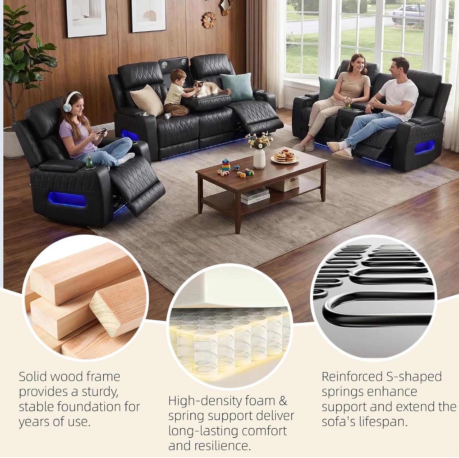 Air Leather Power Reclining Sofa Set with Speakers, LED Ambient Light, USB Charging Ports & Storage Storage, Electric Recliner Couches for Living Room Home Theater Apartment