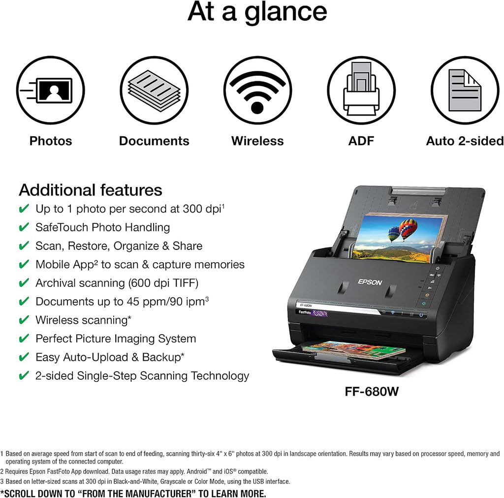 Epson FastFoto FF-680W Wireless High-Speed Duplex Photo and Document Scanner and System with USB Connect and Mobile Scanning