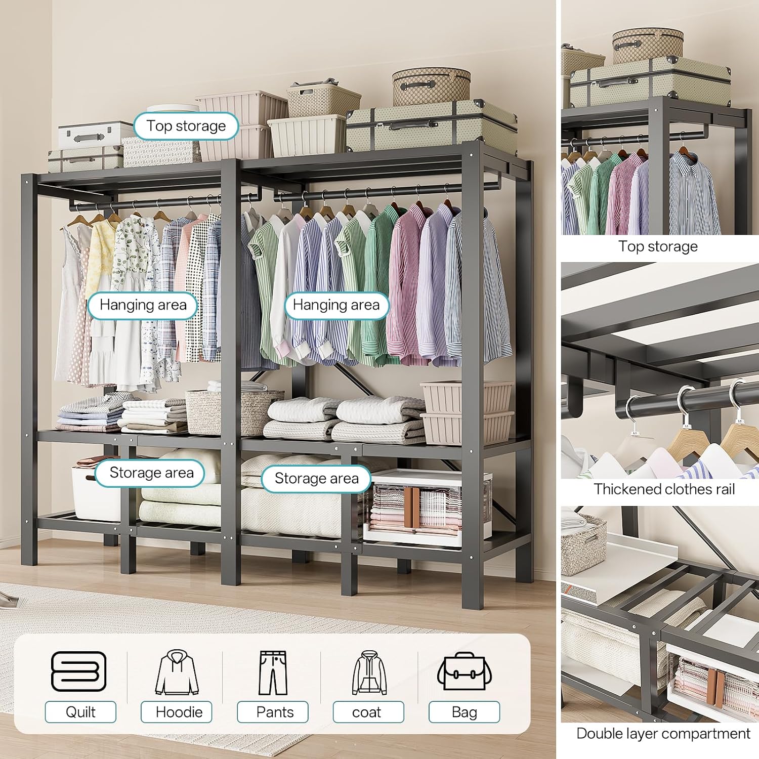Heavy Duty Clothing Rack with Oxford Fabric Cover, Portable Closet Wardrobe with Hanging Rods, Freestanding Wardrobe, Metal Closet Rack for Hanging Clothes (Zipper Design, 70.9''/180cm)