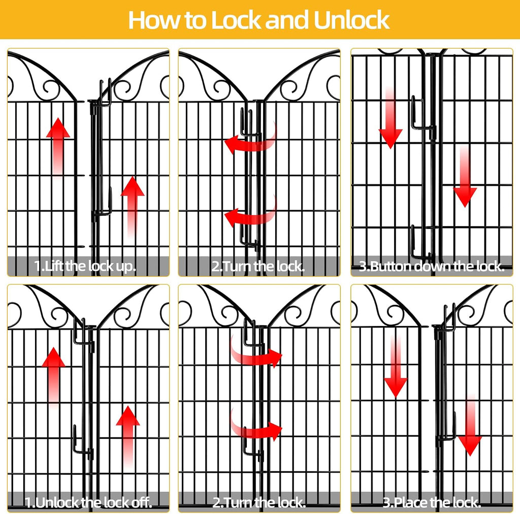 COLRASN 10 Panels No Dig Decorative Garden Dog Fence Outdoor for Yard, 48in(H) x 24.16ft(W) with Latch Tall Animal Barrier Fenceing Panels, Rustproof Ground Stakes Temporary Wire Screen for Patio