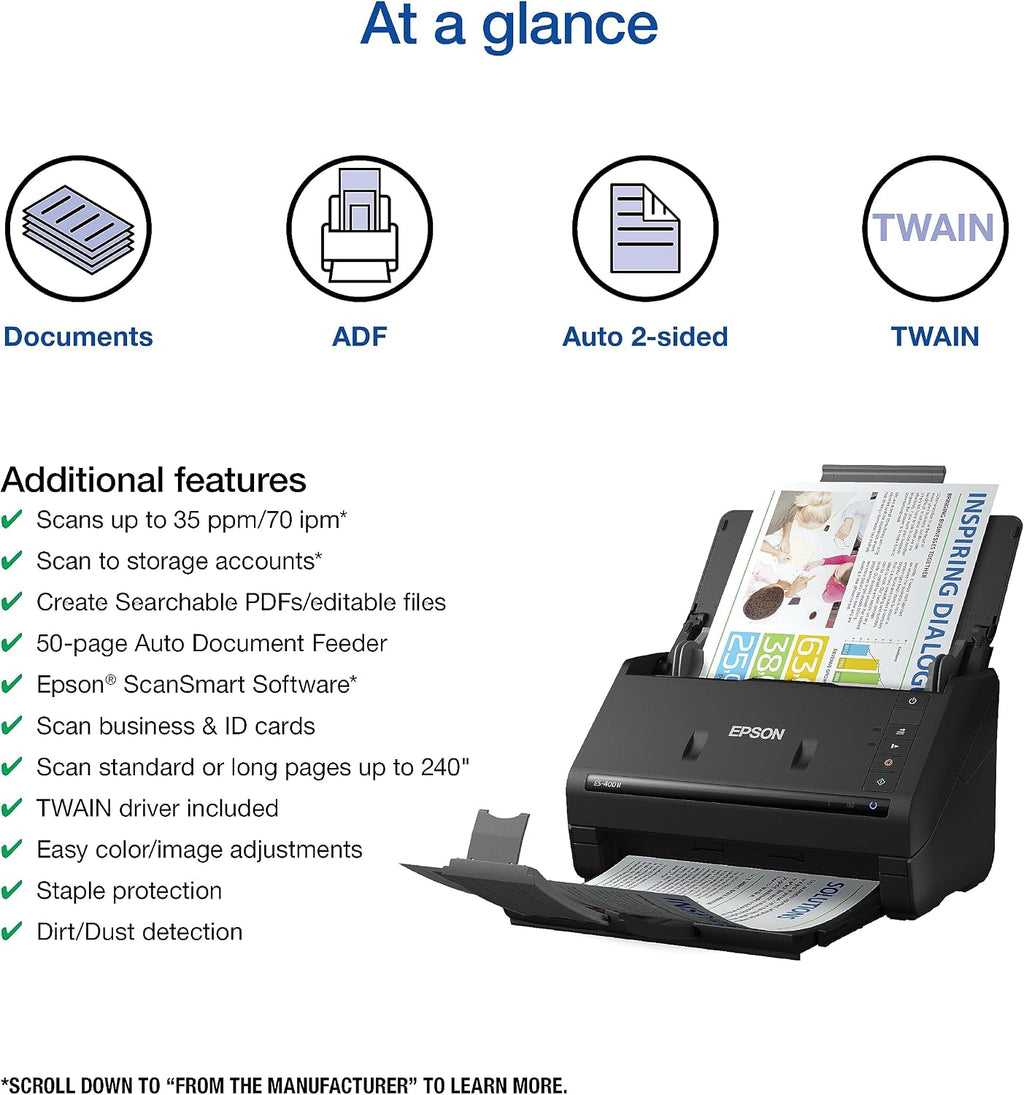 Epson Workforce ES-400 II Color Duplex Desktop Document Scanner for Computers Including PC and Mac with Auto Document Feeder and Image Adjustment Tools
