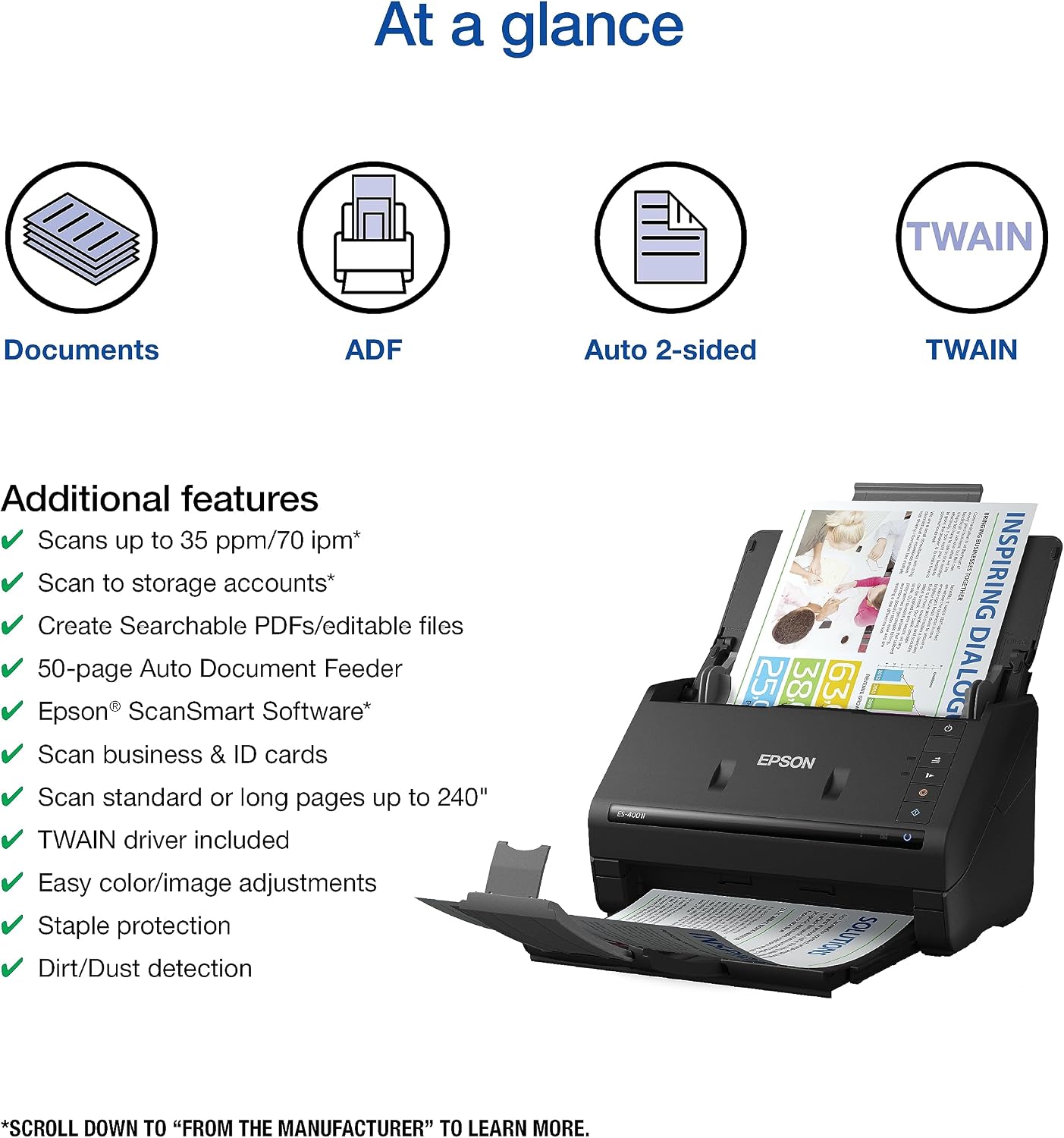Epson Workforce ES-400 II Color Duplex Desktop Document Scanner for Computers Including PC and Mac with Auto Document Feeder and Image Adjustment Tools