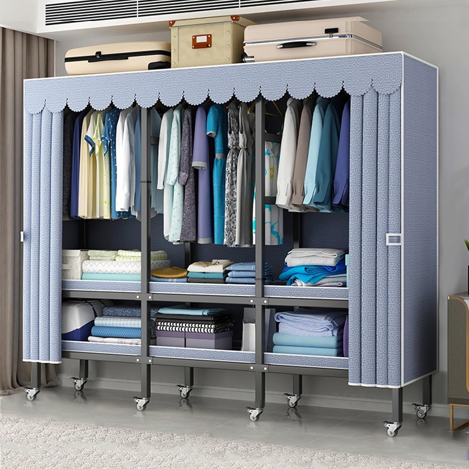 Large Capacity Wardrobe Rack - Rolling Foldable Garment Rack With Cover And Wheels, 1500 Lbs Heavy-Duty Portable Wardrobe Freestanding Clothes Organizer System For Bedroom Living Room Office ( Size :