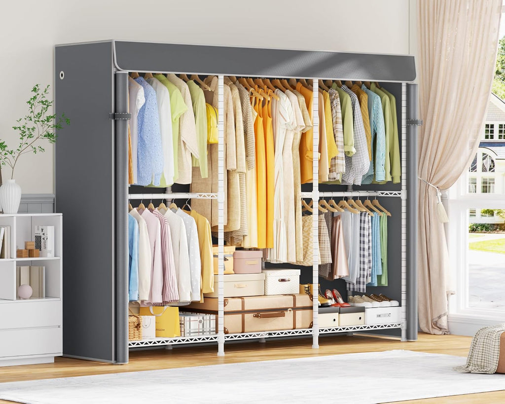 ULIFHOME E14C Pro Heavy Duty Closet Organizer System，Freestanding Clothing Racks for Hanging Clothes，Adjustable Garment Rack 69' W × 16' D × 77' H Hold 960 lbs，White Rack with Grey Dustproof Cover