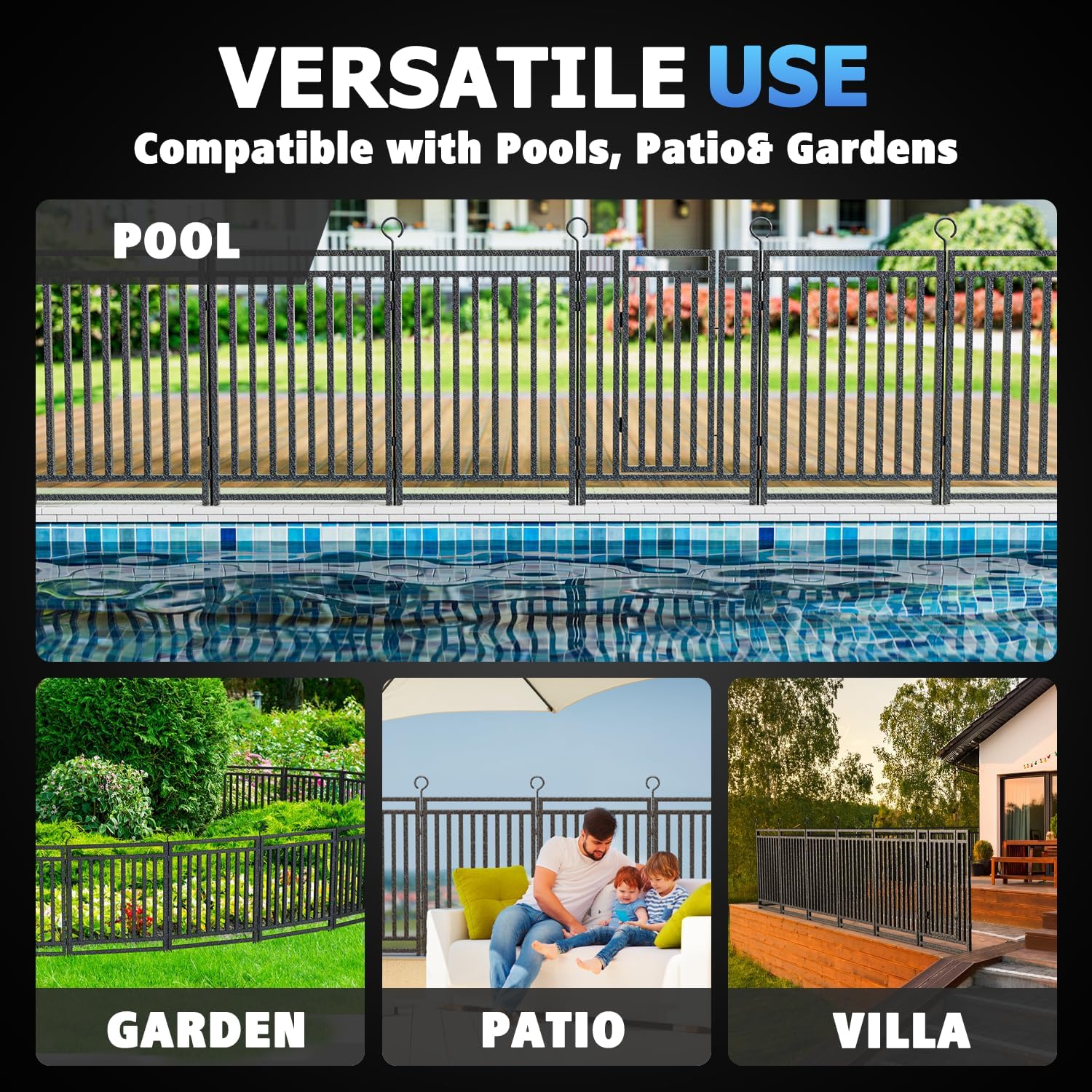 36ft (L) × 47in (H), 14 Panels & 2 Gates Removable Pool Fence, Robust In-Ground Safety Fence for Pools, Pets & Children, Weatherproof Metal Pool Fence with Double-Lock Gate