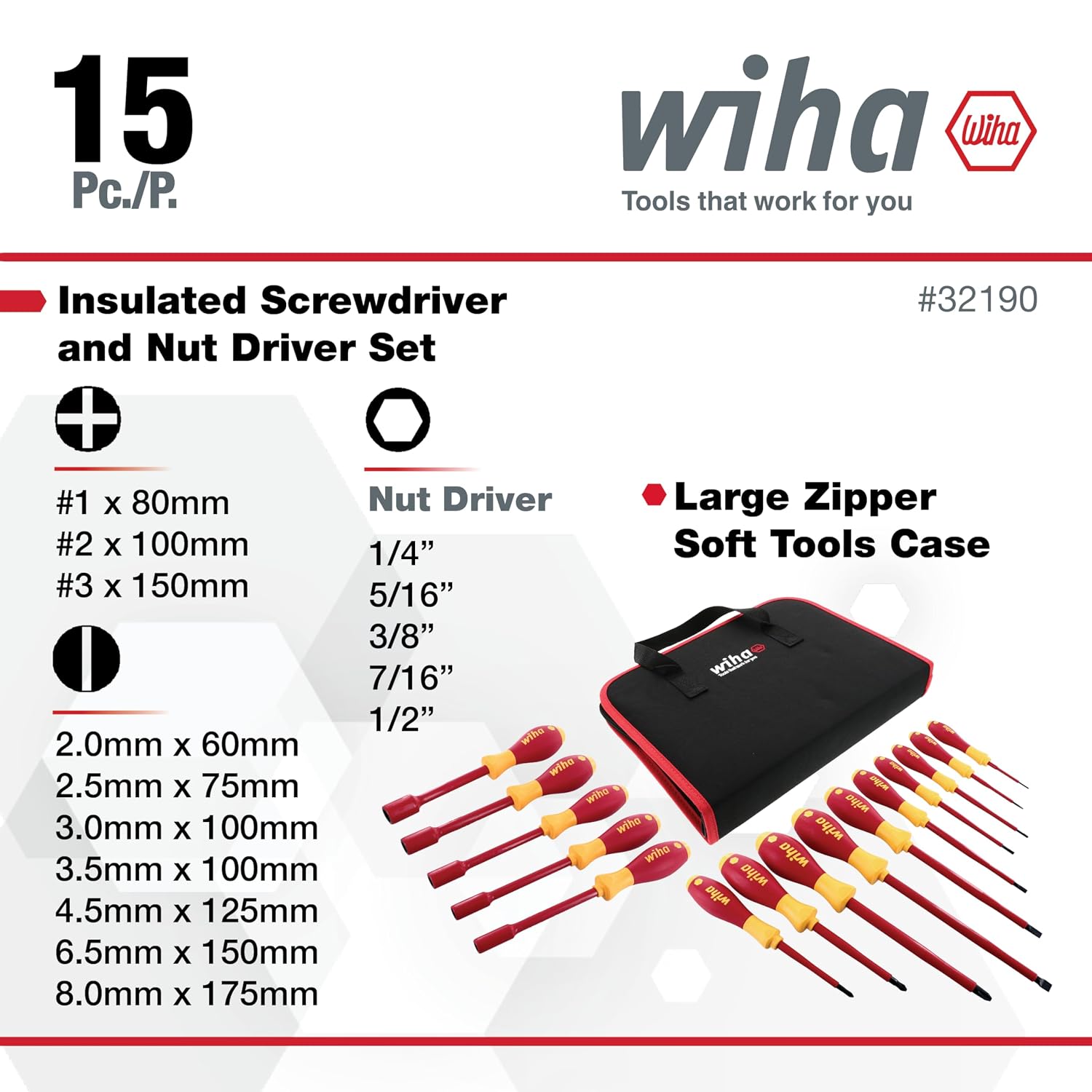 Wiha 32190 Slotted, Phillips and Inch Insulated Screwdriver Set, 1000 Volt, 15 Piece