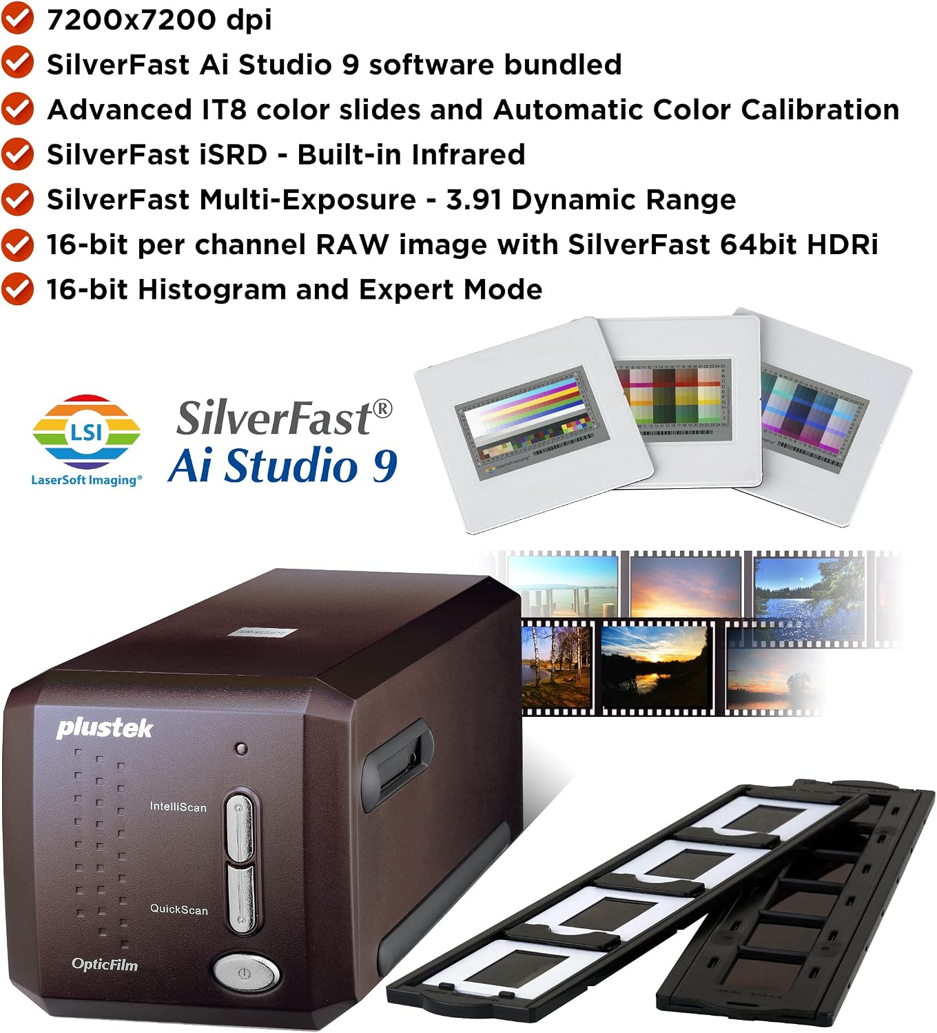 Plustek OpticFilm 8300i Ai Film Scanner - Converts 35mm Film & Slide into Digital, Bundle SilverFast Ai Studio 9 + QuickScan Plus, Include Advanced IT8 Calibration Target (3 Slide)