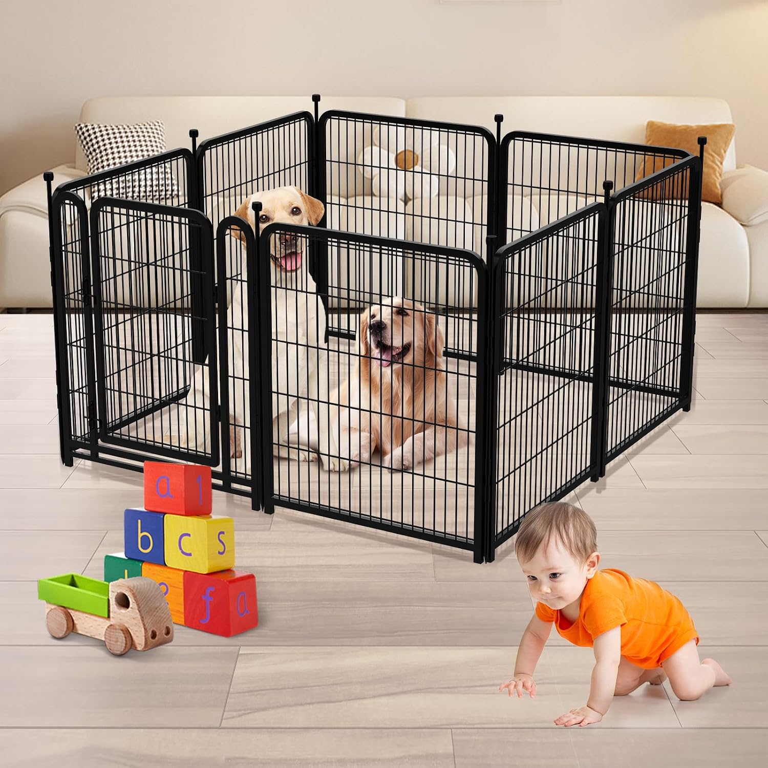 Getlay 56 in(H) Dog Fence Outdoor for Yard，Wide Door Low Threshold, Decorative Garden Fence Panels, 10 Panels Total 22.1 Ft(L)，No Dig Fencing for Dogs, Black