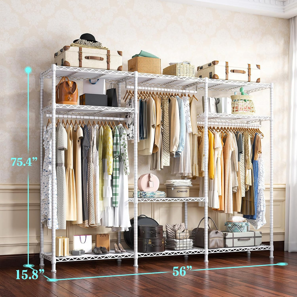 Raybee Clothes Rack Heavy Duty Load 795LBS Adjustable Clothing Racks for Hanging Clothes Garment Rack, 56' W X16 D X 75.5' H White