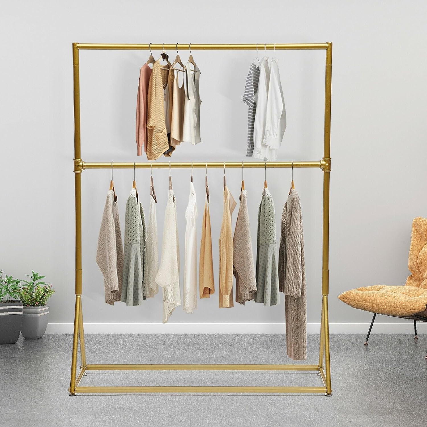 Portable Iron Durable 2 Tier Clothes Rack Retro Freestanding Gold Garment Rack For Hanging Shirts Coats Suits Pants 47.2x15.7x62.9 Inch Gold