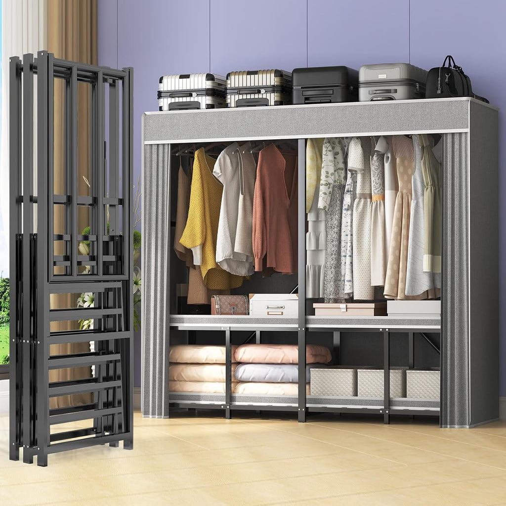 95% Assembled 66' L Clothes Racks for Hanging Clothes, Premium Metal Strong Heavy Duty Clothes Rack with Cover, Portable Foldable Freestanding Garment Rack, Black
