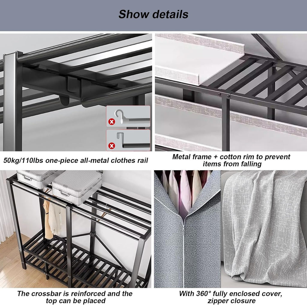 Portable Wardrobe Closet Foldable Garment Rack with Cover, Freestanding Clothes Organizer Enclosed Curtain for Hanging Clothes in Bedroom (125cm/49.2in)