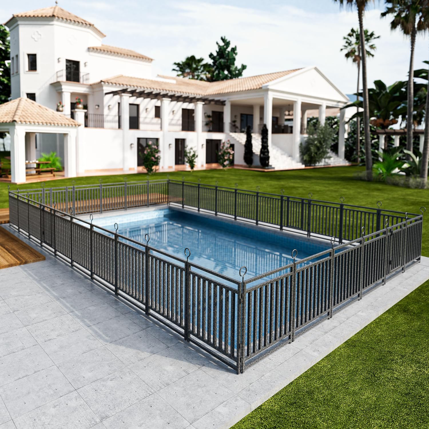 Metal Swimming Pool Fence 72ft (L) × 32in (H) with 28 Panels & 4 Gates, in Ground Pool Safety Fence, Protective Barrier with Reinforced Stakes, Compatible with Patios & Gardens, Black-Silver