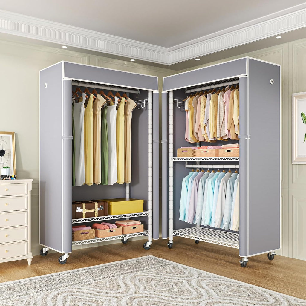 FUTASSI White Clothing Rack with Grey Cover, P1C Rolling Closet Rack with Wheels, Metal Garment Rack for Hanging Clothes, Clothing Storage Wardrobe, 36.2' W x 16.5' D x 80.5' H, Load 450 Pounds