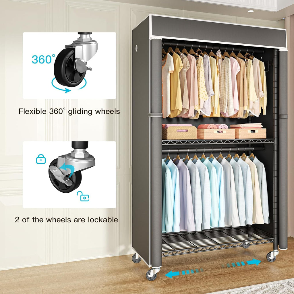 FUTASSI Black Clothing Rack with Dark Gray Cover, P1C Rolling Closets with Wheels, Metal Garment Rack for Hanging Clothes, Clothing Storage Wardrobe, 36.2' W x 16.5' D x 80.5' H, Load 450 Pounds
