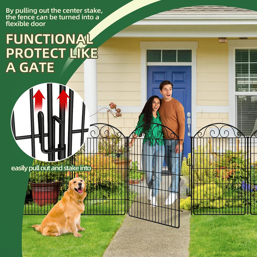 COLRASN 10 Panels No Dig Decorative Garden Dog Fence Outdoor for Yard, 48in(H) x 24.16ft(W) with Latch Tall Animal Barrier Fenceing Panels, Rustproof Ground Stakes Temporary Wire Screen for Patio