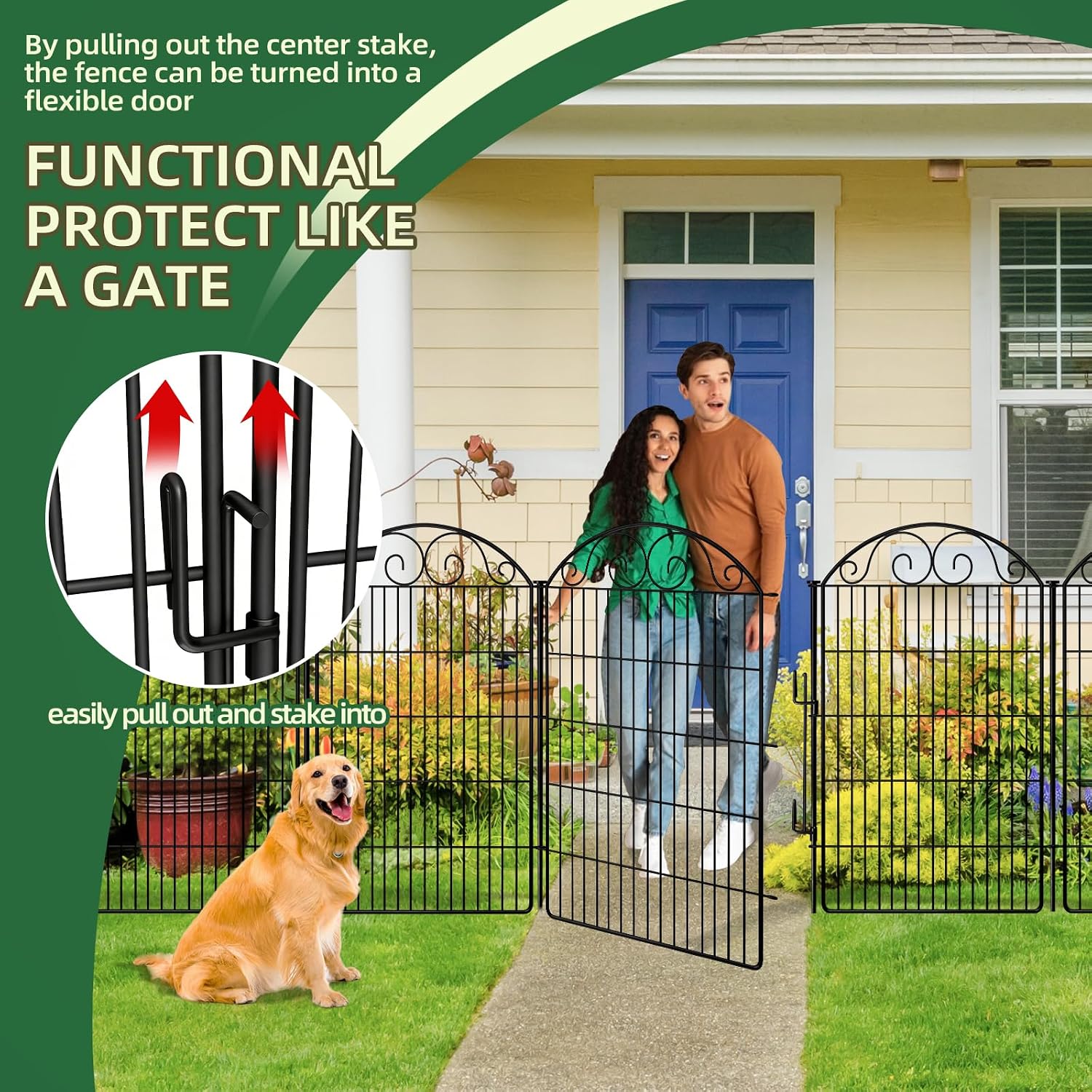 COLRASN 10 Panels No Dig Decorative Garden Dog Fence Outdoor for Yard, 48in(H) x 24.16ft(W) with Latch Tall Animal Barrier Fenceing Panels, Rustproof Ground Stakes Temporary Wire Screen for Patio