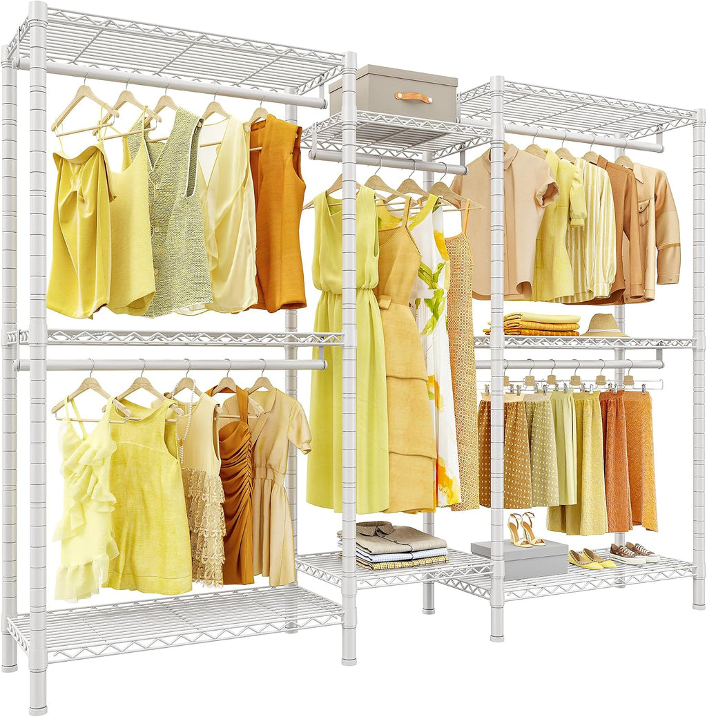 Raybee Clothes Rack,Clothing Racks for Hanging Clothes Heavy Duty,Adjustable Garment Rack with Shelves,rolling clothes rack Max Load 905LBS,75' W x 77' H x 17.8' D,White