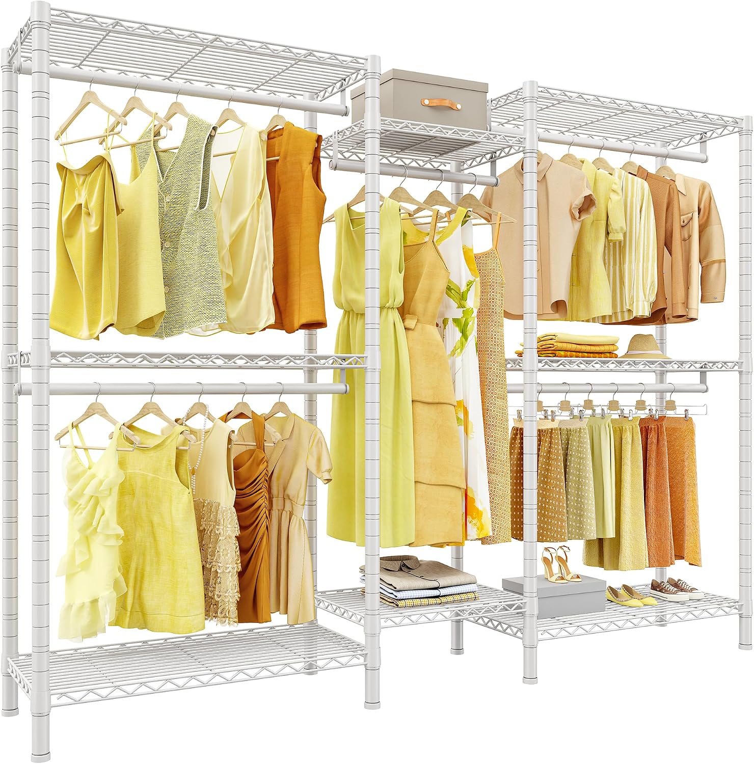 Raybee Clothes Rack,Clothing Racks for Hanging Clothes Heavy Duty,Adjustable Garment Rack with Shelves,rolling clothes rack Max Load 905LBS,75' W x 77' H x 17.8' D,White