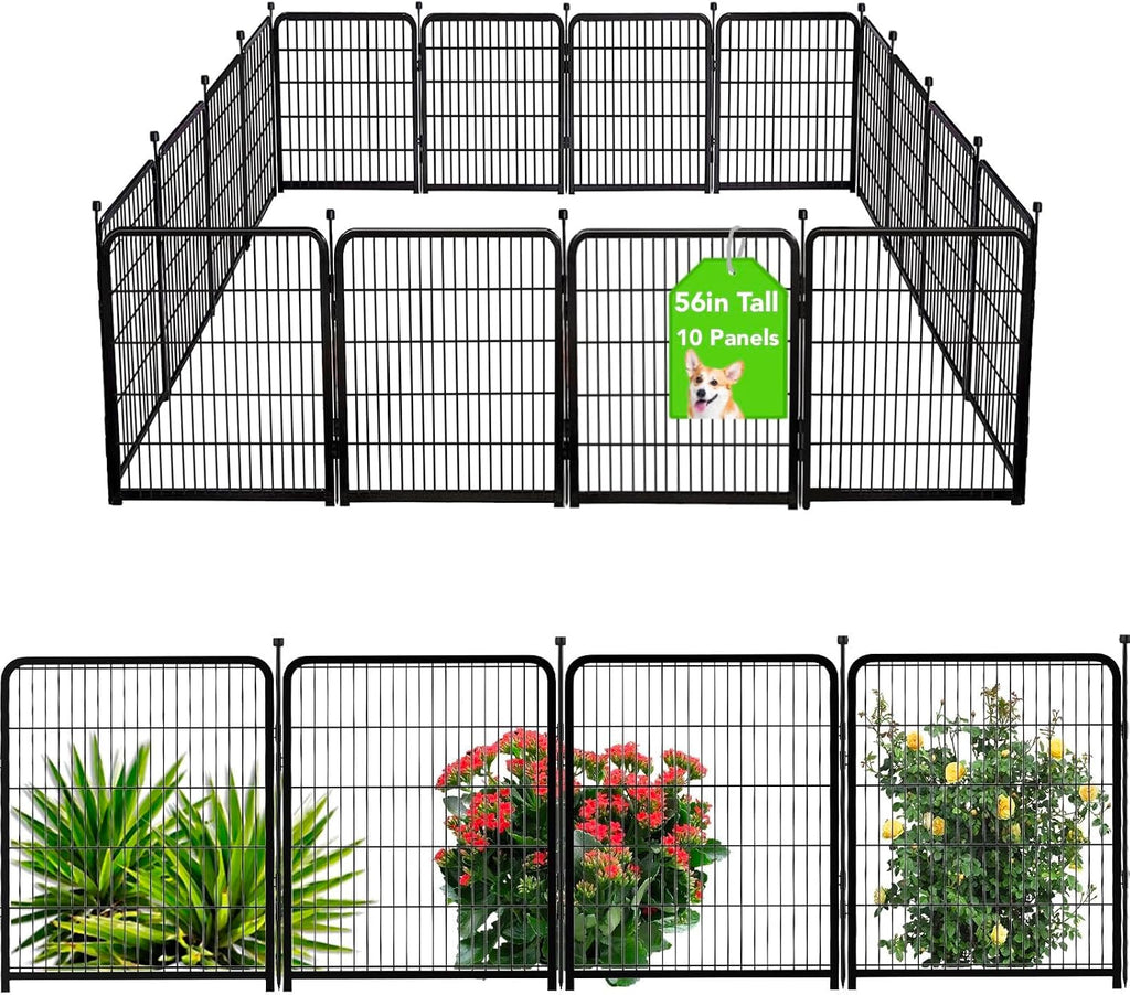 Getlay Doorless Dog Playpen 56inch 10 Panels, Dog Fence Outdoor for Yard, Garden Fence for Medium/Large Pets. Black Dog Pens Total22.1 Ft(L)