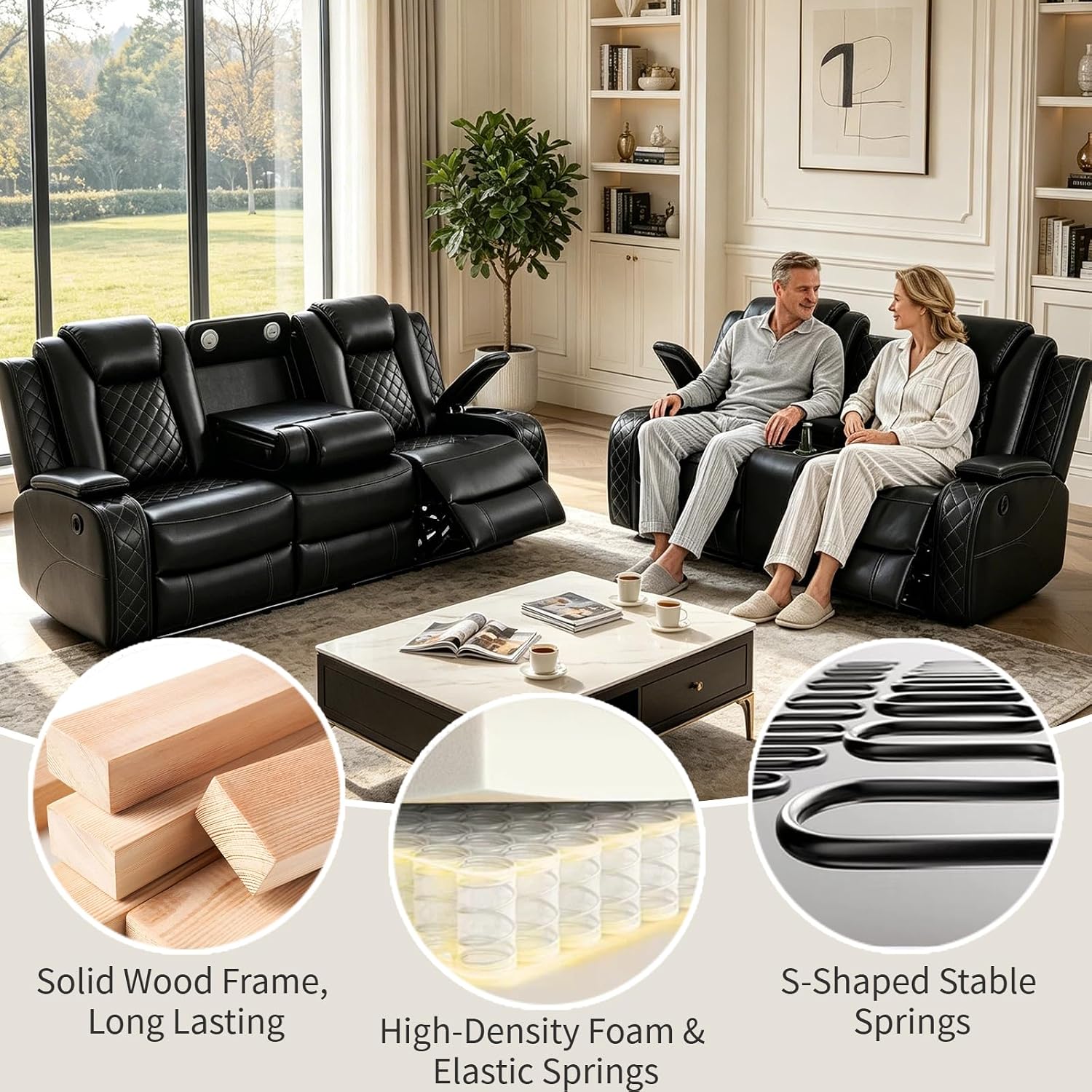 Pon Living Luxurious Leather Reclining Sofa Set with LED, Power Recliner Sofa & Loveseat Set, Living Room Furniture Sets with Cup Holders/USB Port & Storage Consoles for House/Home Theater