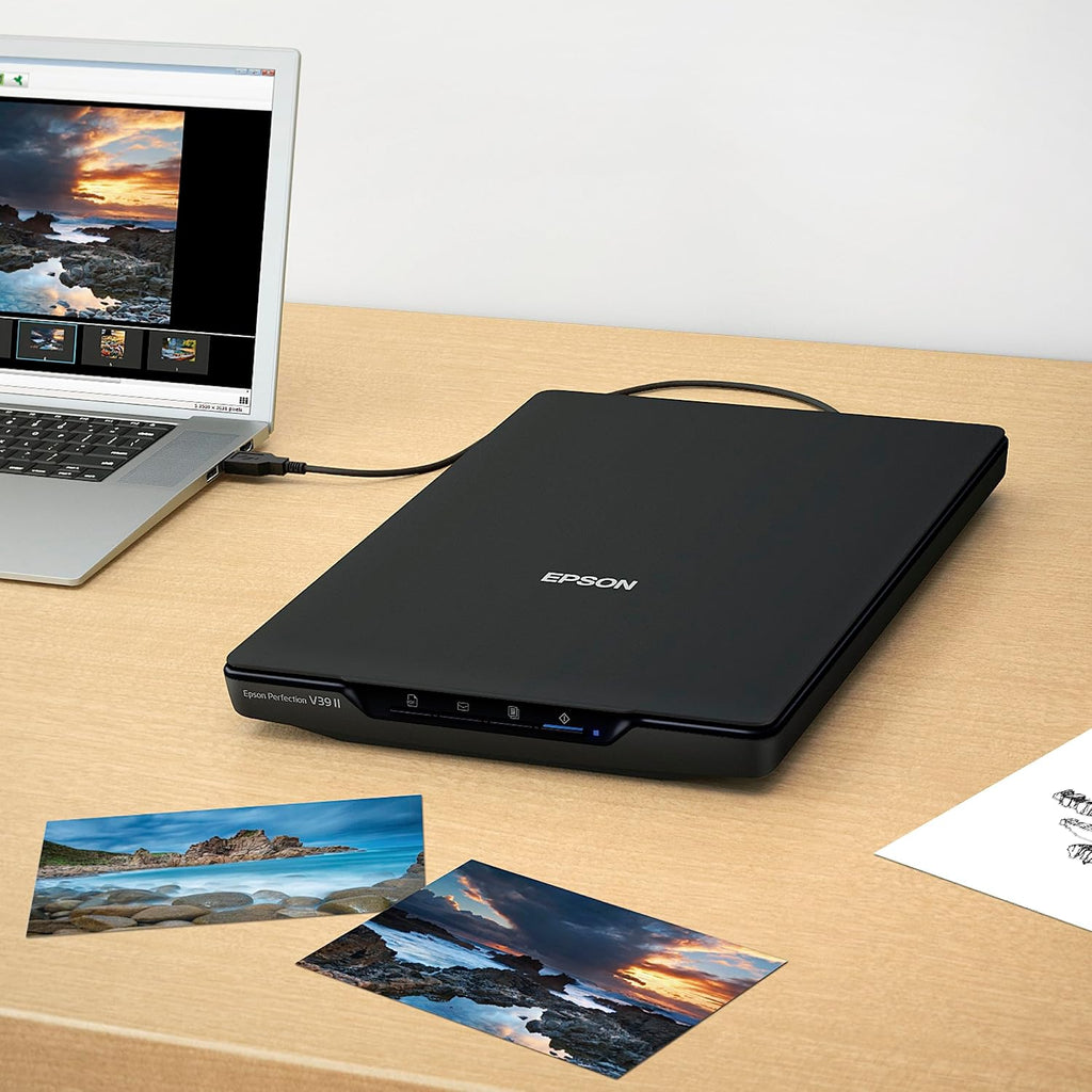 Epson Perfection V39 II Color Photo and Document Flatbed Scanner with 4800 dpi Optical Resolution Image Scanning, High-Rise Removable Lid, Scan to Cloud and USB Power, Black