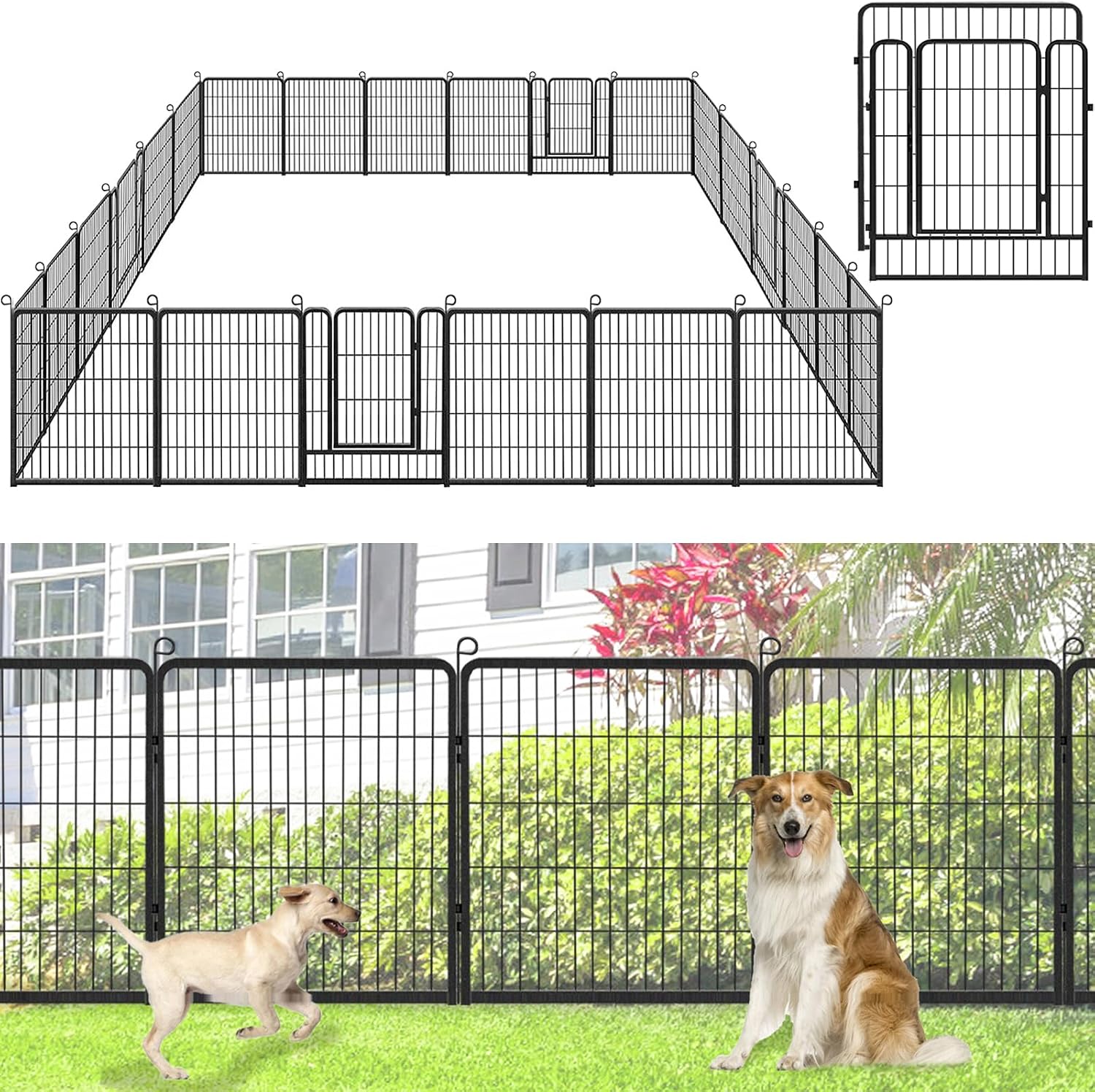 Decorative Metal Garden Fence with Gate, 32in(H) x 64Ft(L) No Dig Fence 24 Panels Fencing for Dogs Animal Barrier Fence Garden Fencing for Yard, Patio, Flower Bed