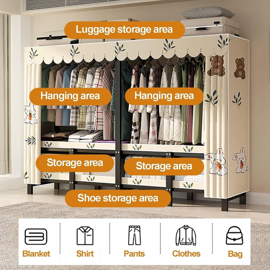 Foldable Closet Wardrobe With Cover, Heavy-Duty Clothe Rack, Covered Clothes Rack, Freestanding Metal Clothing Rack, Armoire Coat Storage Garment Racks For Hanging Clothes(Yellow,130x170x50cm)
