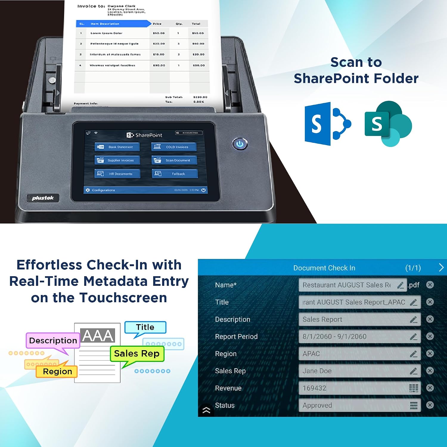 Plustek eScan A450 Pro Network Scanner, PC-Free Standalone, Direct Scan to SharePoint, Built-in OCR with autofill Columns, Easy Deployment, Remote IT Management, Wireless & Ethernet
