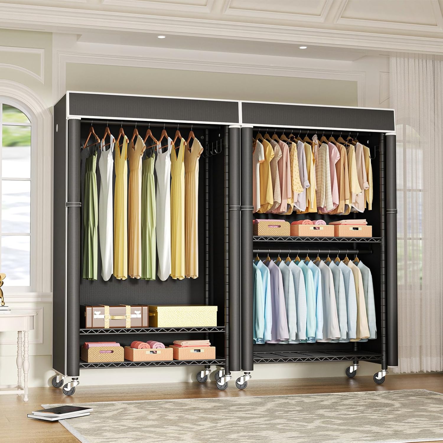FUTASSI Clothing Rack with Cover, P1C Rolling Closets with Wheels, Metal Garment Rack for Hanging Clothes, Clothing Storage Wardrobe with Cover, 36.2' W x 16.5' D x 80.5' H, Black, Load 450 Pounds