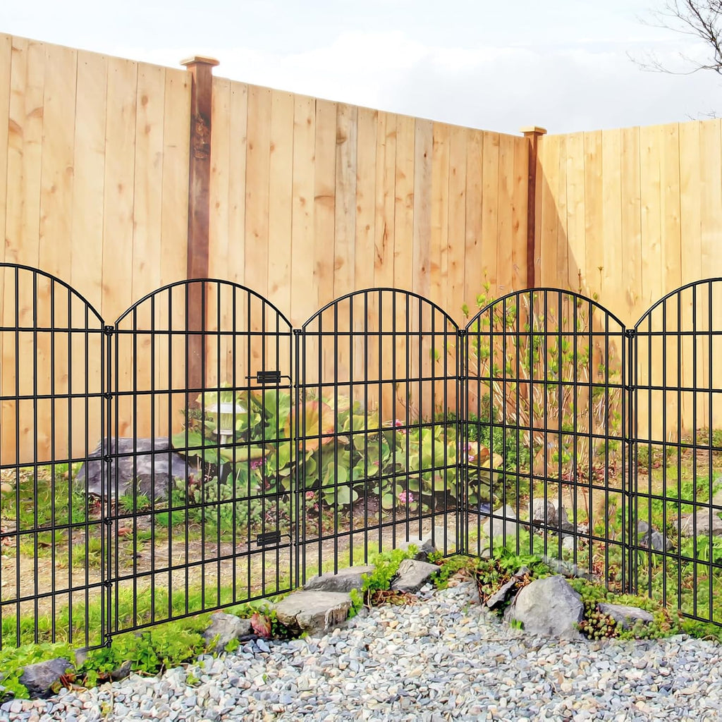 FOREHOGAR Metal Garden Fence with Gate 42in (H) x 23.3ft (L), 1 Gate+ 9 Panels Dog Fence Border Fence Animal Barrier, No Dig Garden Fencing for Yard Flower Bed Lawn Patio Outdoor, ECG4210, Black