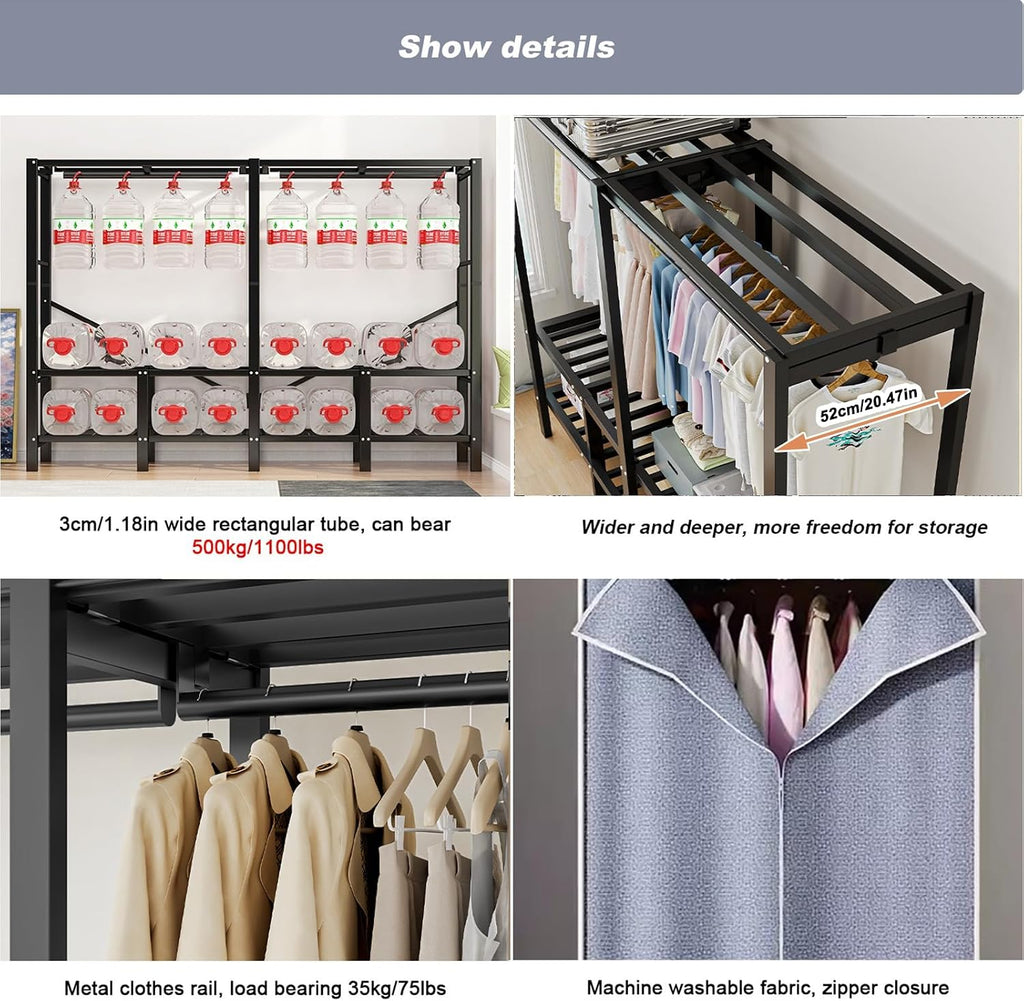 Large Heavy-Duty Portable Wardrobe Closet Rack with Cover - Rolling Freestanding Clothes Organizer System for Hanging Clothes