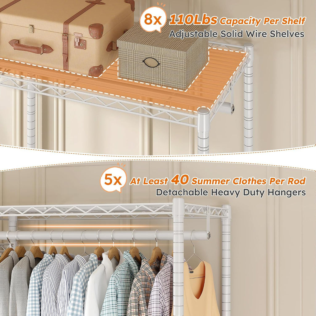 Raybee Clothes Rack,Clothing Racks for Hanging Clothes Heavy Duty,Adjustable Garment Rack with Shelves,rolling clothes rack Max Load 905LBS,75' W x 77' H x 17.8' D,White