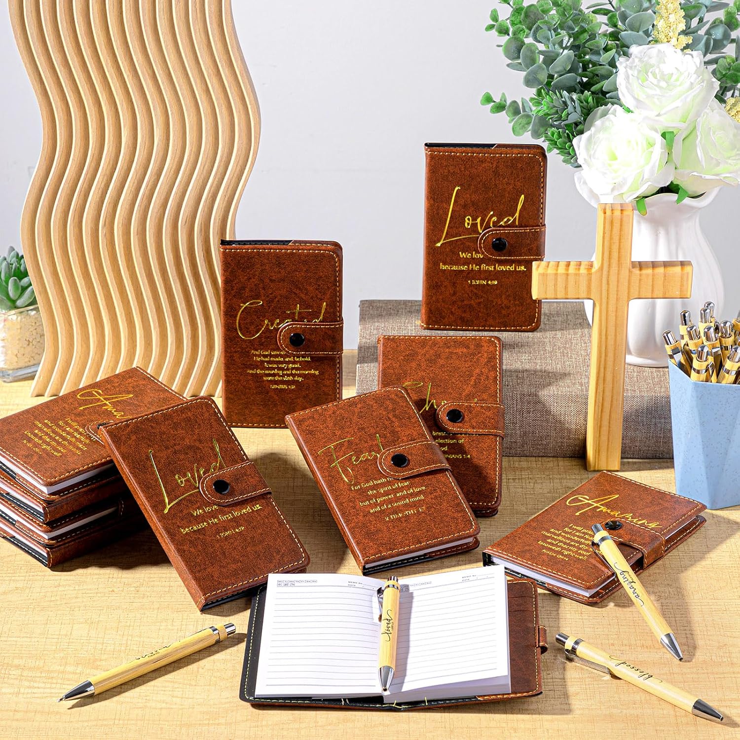 Spakon 160 Pcs Father's Day Christian Gifts Bulk Leather Prayer Journal Religious Inspirational Notebook with Bible Verse Pen Graduation Gift for Coworker Women Men Church Member(English Bible Words)