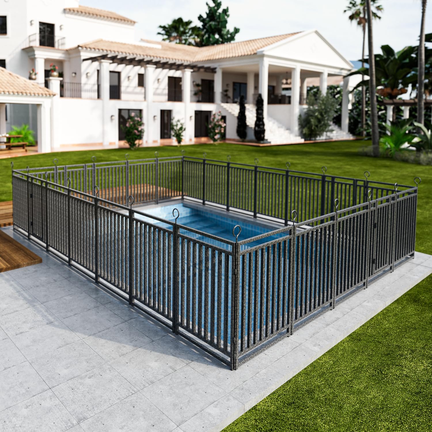 Metal Swimming Pool Fence 54ft (L) × 40in (H) with 21 Panels & 3 Gates, in Ground Pool Safety Fence, Protective Barrier with Reinforced Stakes, Compatible with Patios & Gardens, Black-Silver